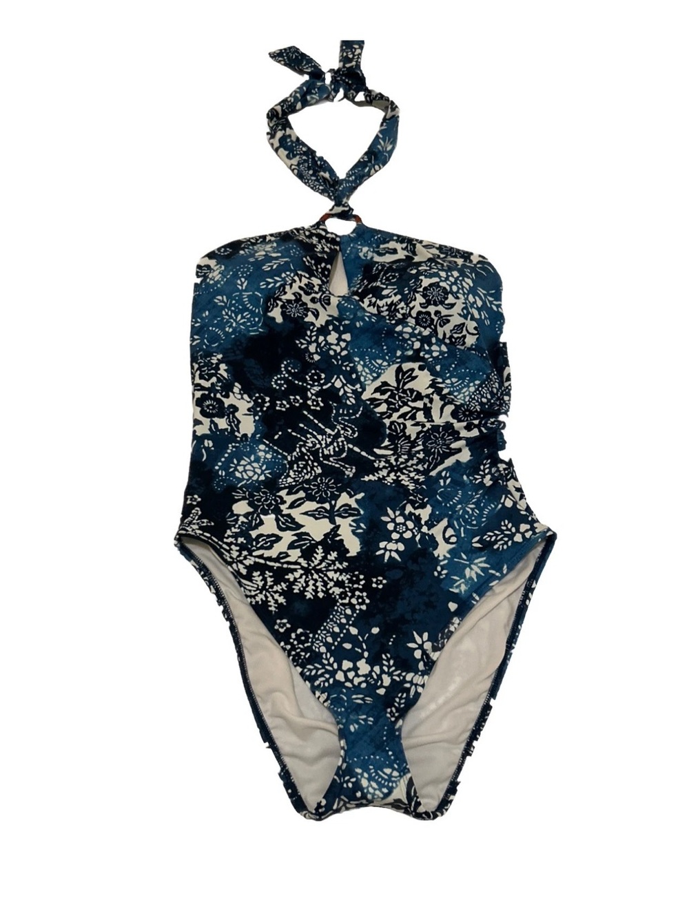 Lauren Ralph Lauren Women Macrame-Ring High Neck One Piece Swimsuit Blue 12 NWT